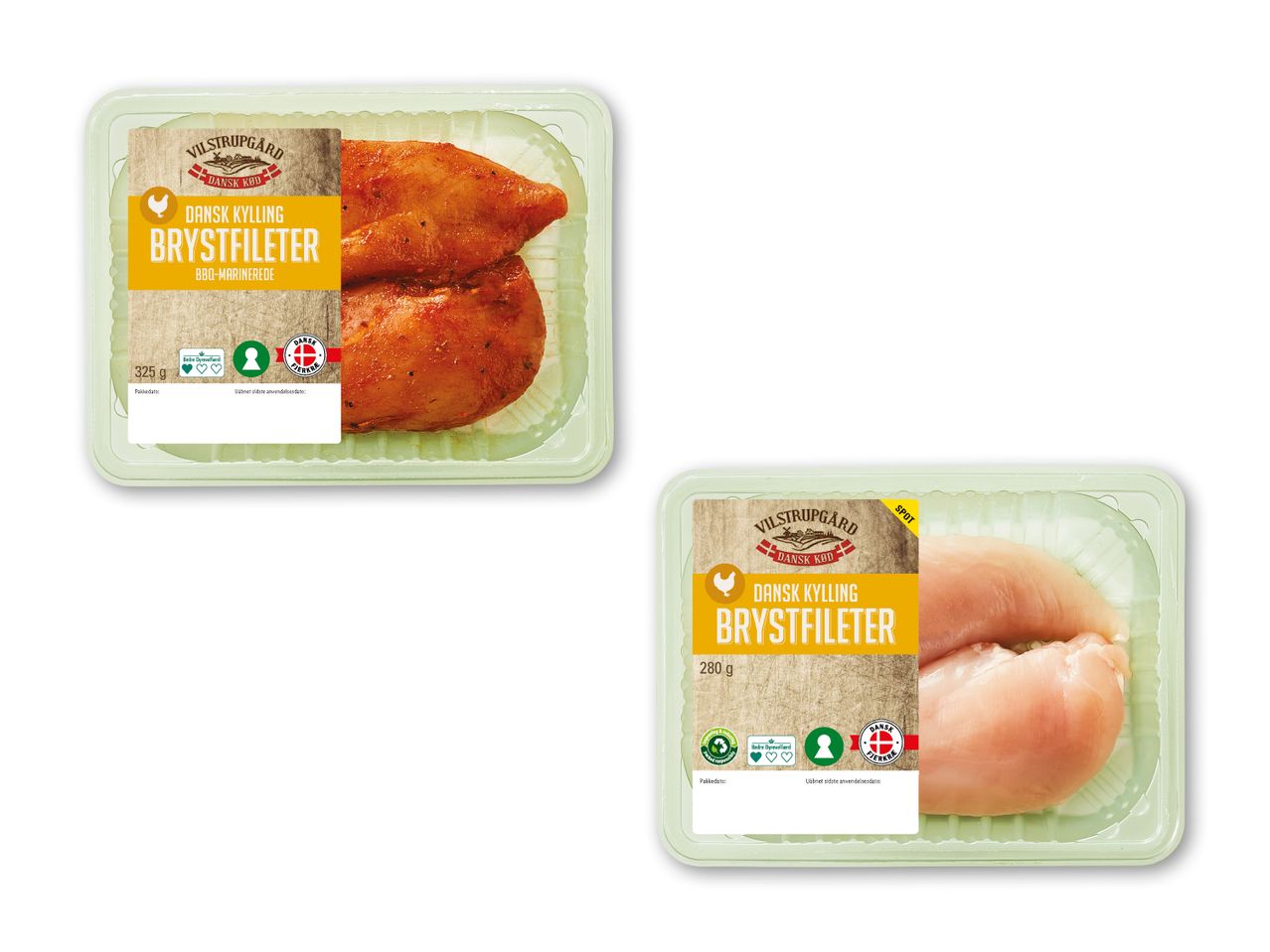 To pakker kyllingebrystfileter, den ene BBQ-marineret og den anden naturel.