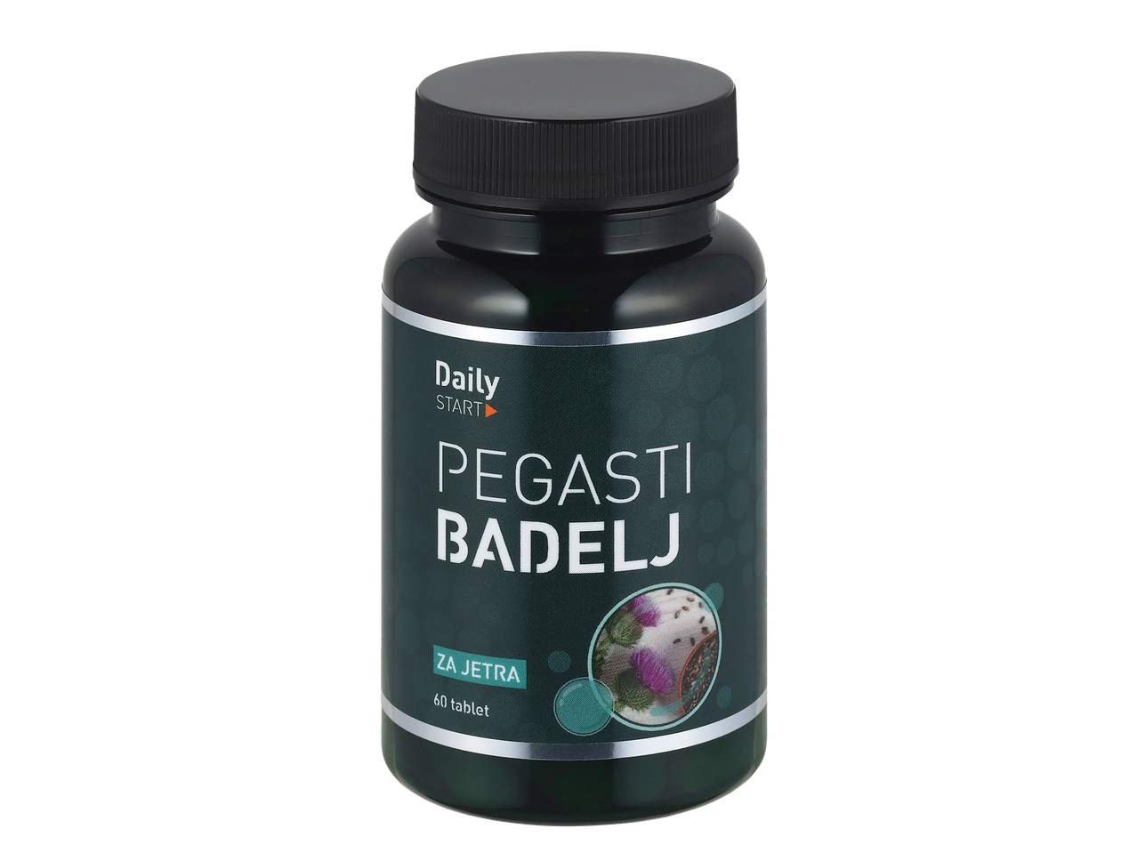 Steklenička prehranskega dopolnila Pegasti badelj za jetra, 60 tablet.