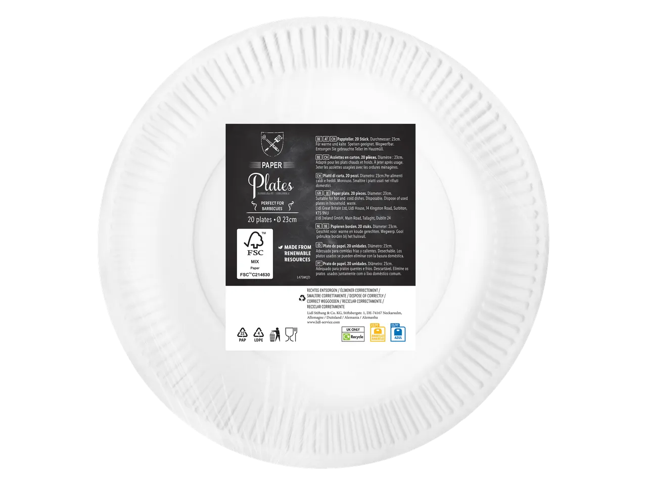 Witte papieren borden, 20 stuks, 23cm diameter, geschikt voor barbecues, met recyclinginformatie.