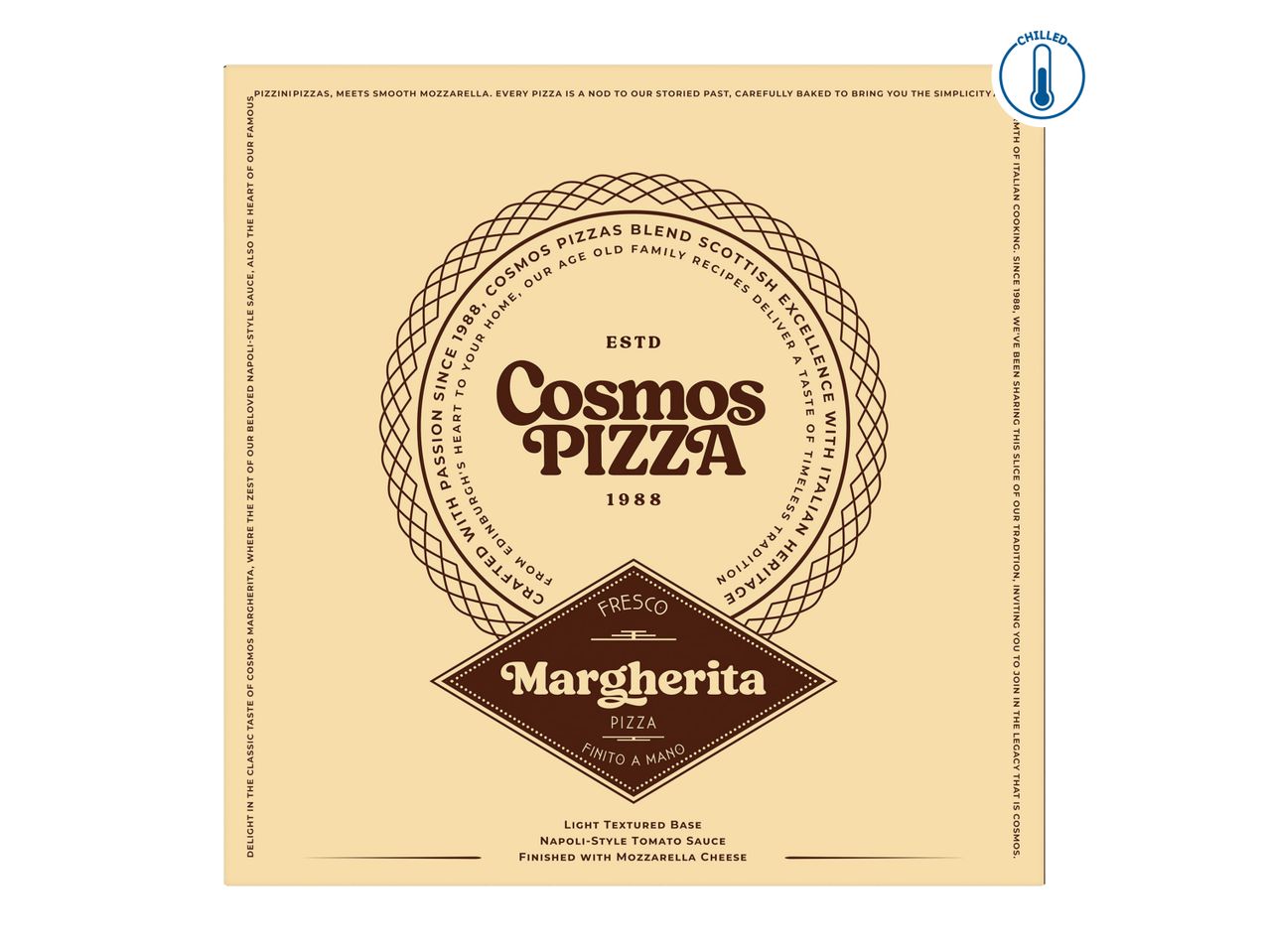 Cosmos Pizza Margherita packaging with a vintage design and a 'Chilled' icon.