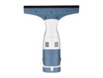 A blue and white window squeegee with a comfortable grip.