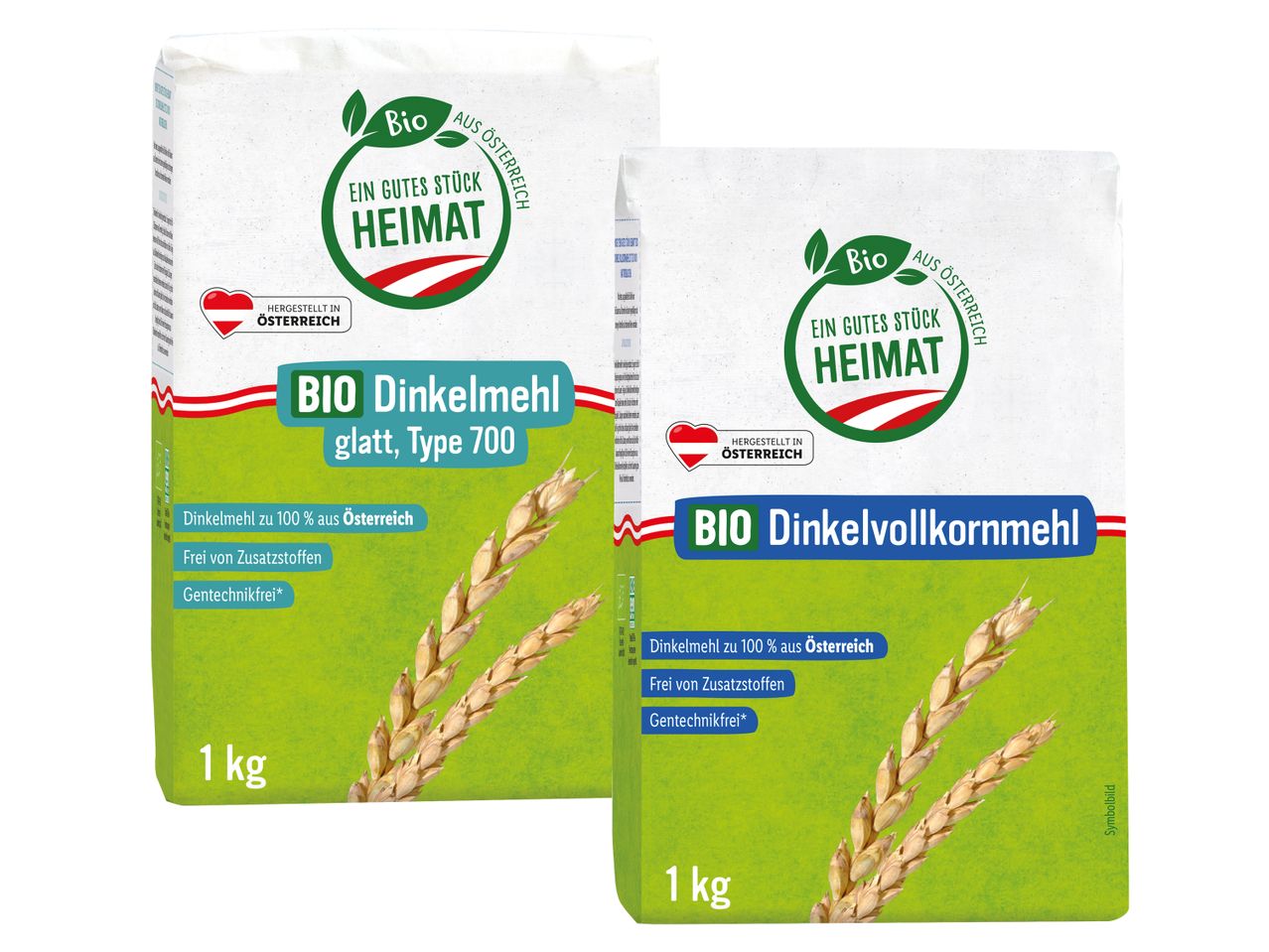 Zwei Packungen Bio-Dinkelmehl und Bio-Dinkelvollkornmehl mit österreichischer Herkunftsangabe.