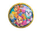 Colorful ball with cartoon dogs, including a brown dog in a pink helmet and a grey husky.