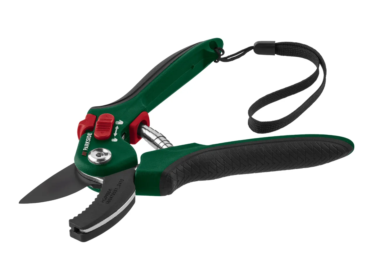 Green and black garden secateurs with a wrist strap