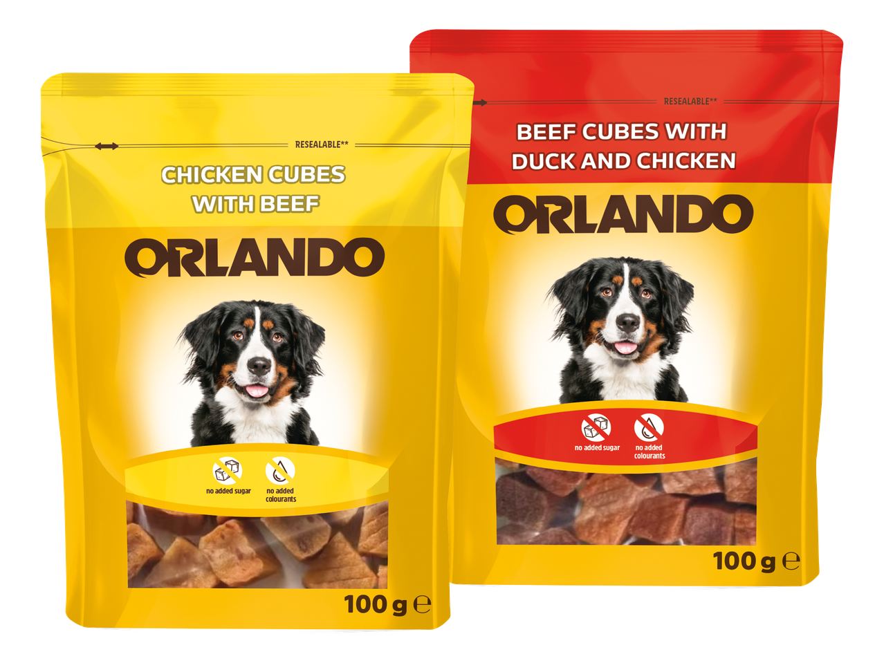 Dva pakiranja poslastica za pse: žuto s piletinom i govedinom, crveno s govedinom, patkom i piletinom.