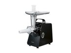 Black electric meat grinder with a silver feeding tray and white attachments.