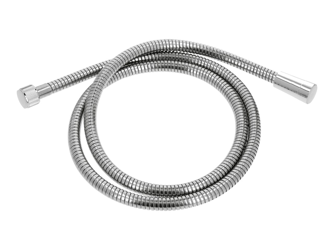 Flexible metal shower hose with chrome-plated connectors, coiled on a white background.