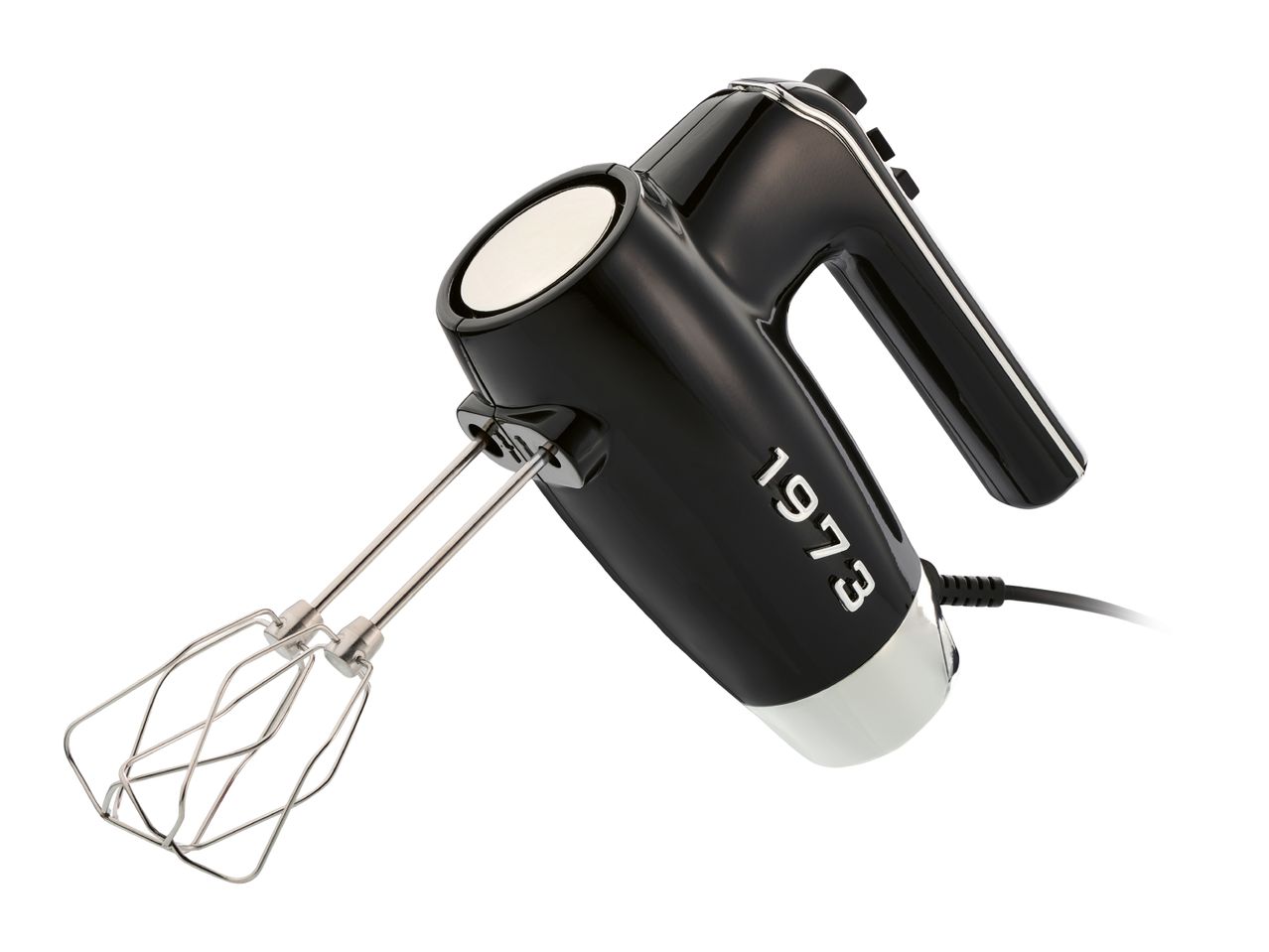 Black retro hand mixer with beaters and the year 1973 on the side