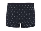 Men's navy boxer shorts with a white anchor pattern.