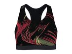 Black sports bra with red and yellow abstract brushstroke pattern