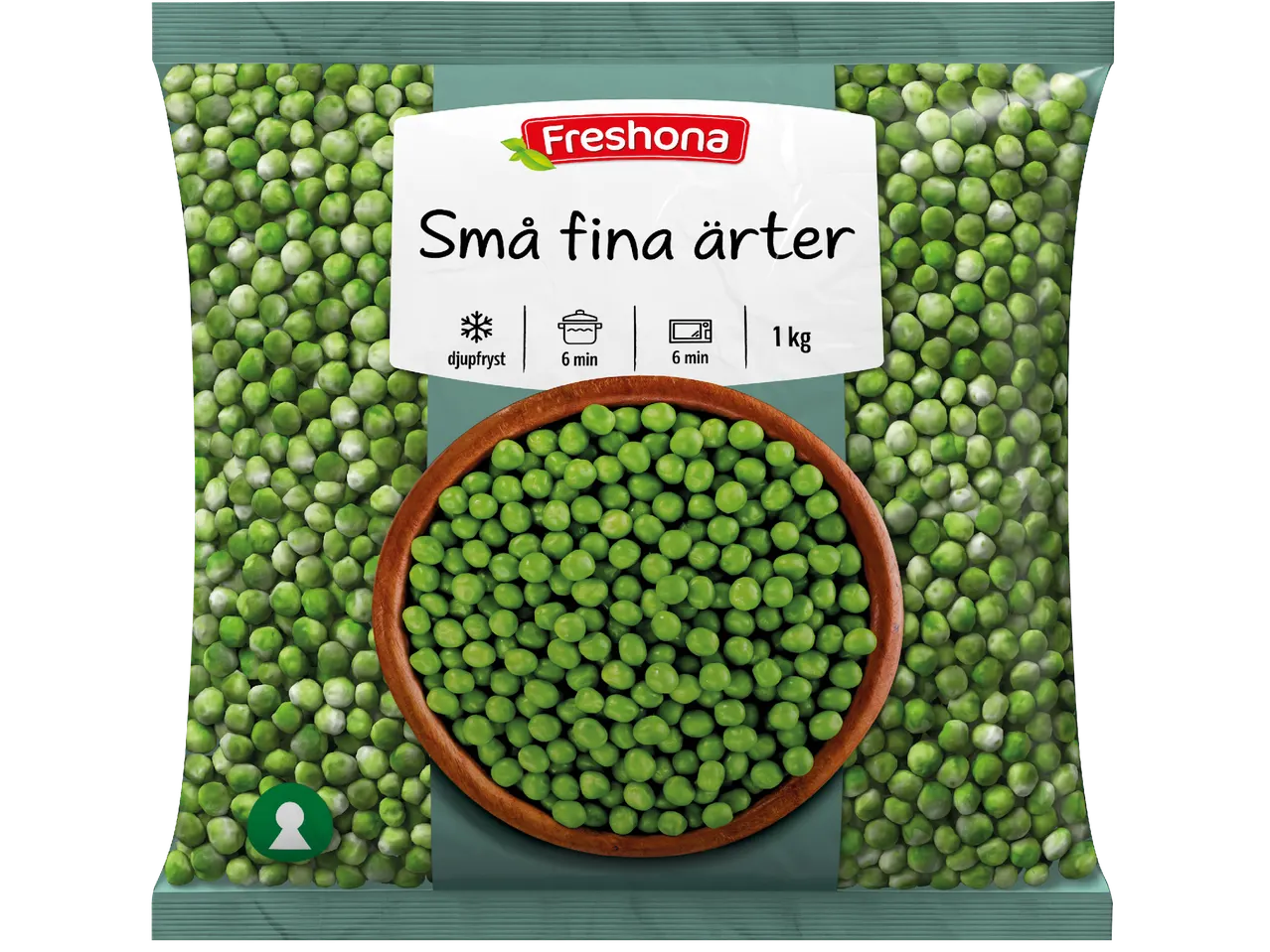 En påse frysta små fina ärtor från Freshoona, 1 kg.