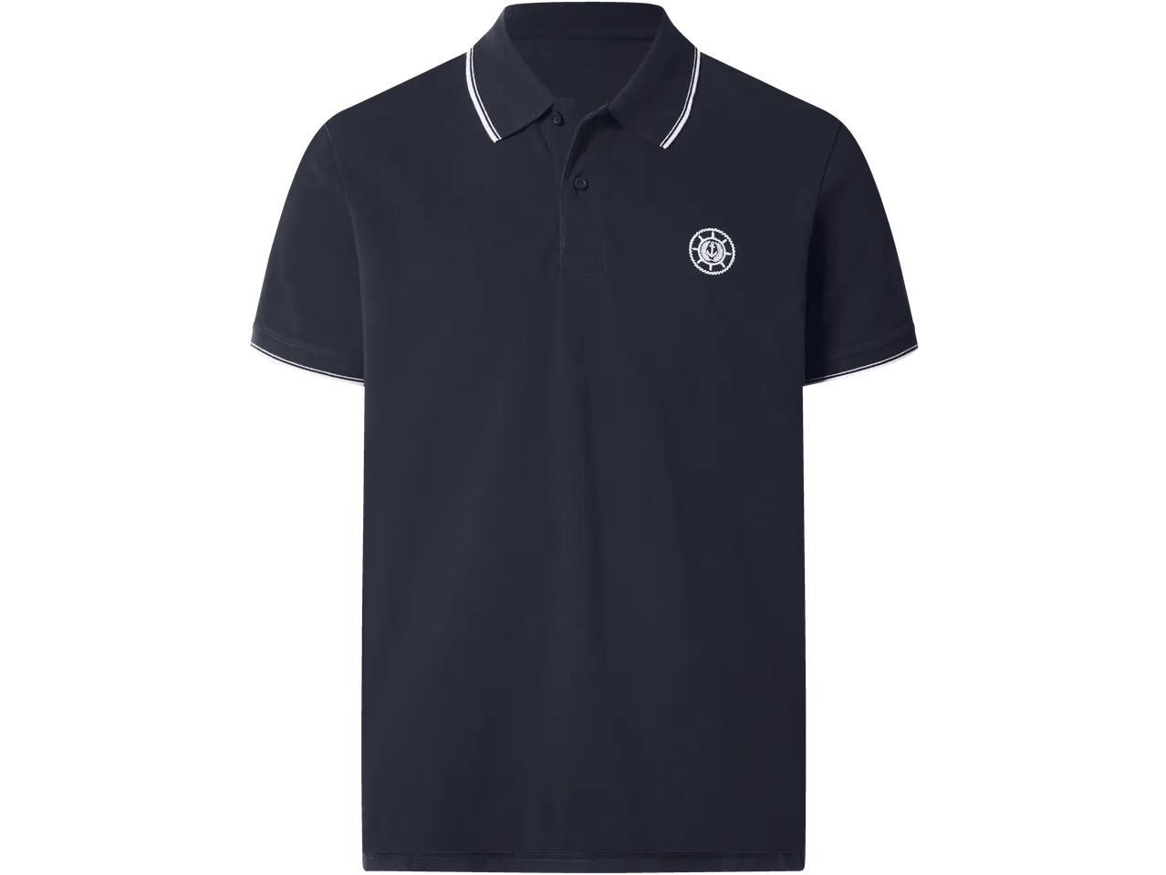 Men's navy polo shirt with white striped collar and sleeves, and a nautical emblem.