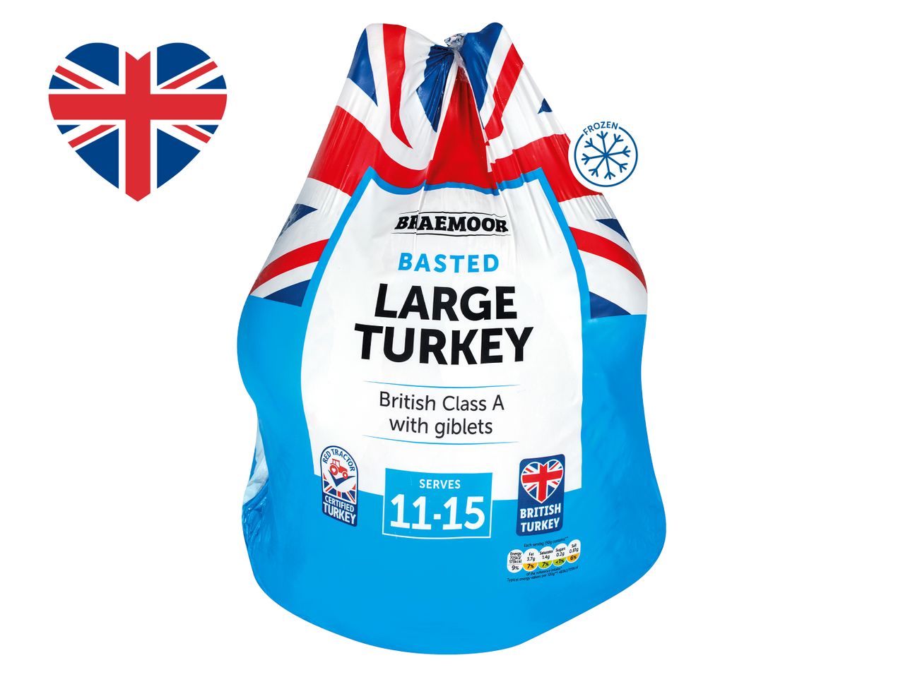 Braemoor Basted Large British Class A Turkey with giblets, serves 11-15, frozen.