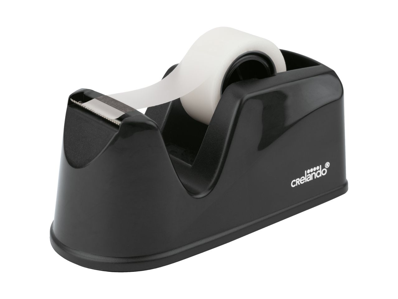 Black tape dispenser with a roll of white adhesive tape, angled view.