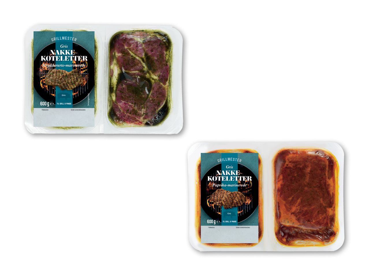 To pakker Grillmester nakkekoteletter, en krydderurte-marineret og en paprika-marineret.