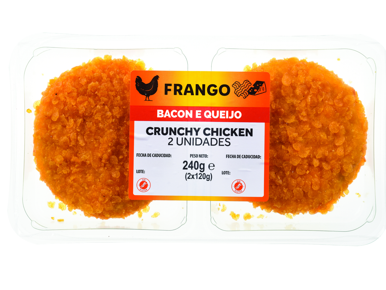 Frango crocante com bacon e queijo, 2 unidades, 240g, sem glúten.