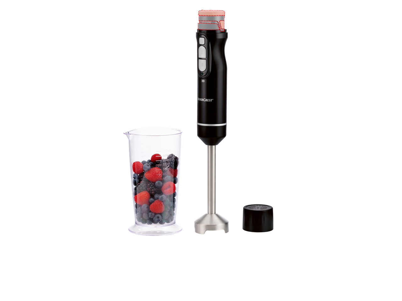 Blender SilverCrest cu recipient și fructe.