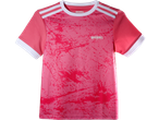 Pink short-sleeved sports t-shirt with a red splatter pattern and white stripes on the shoulders.