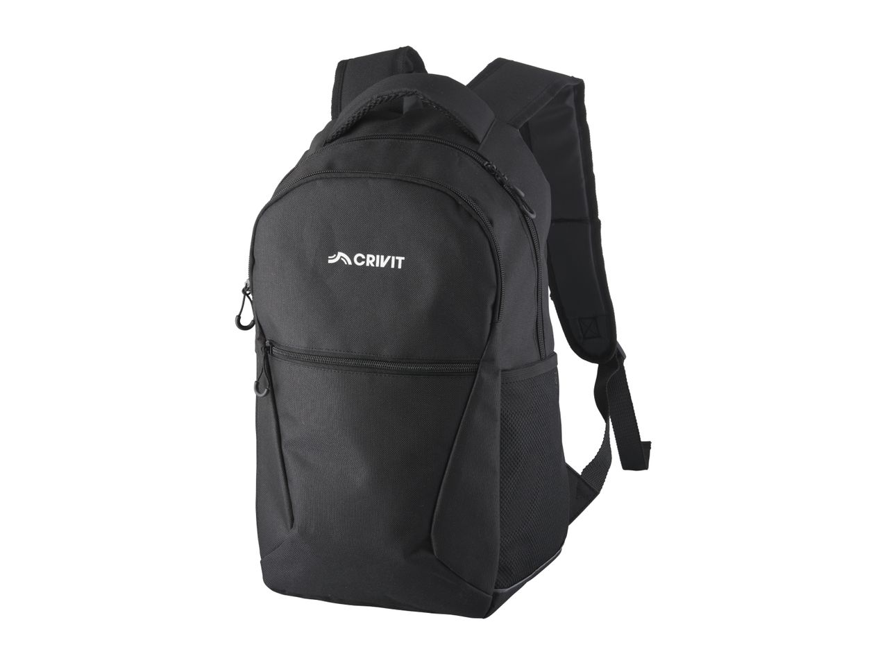 Black backpack with adjustable shoulder straps and side mesh pocket
