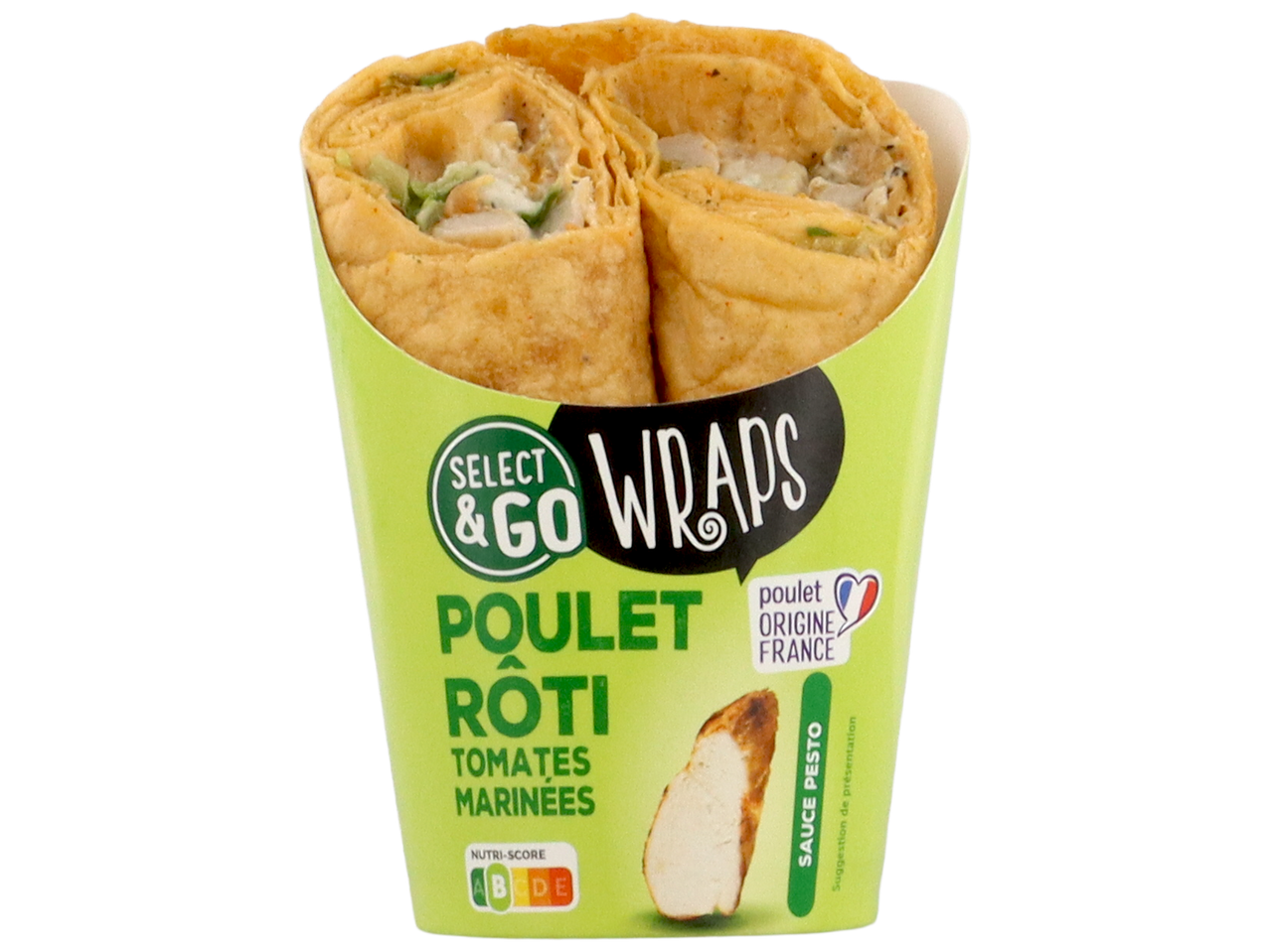 Wraps de poulet rôti aux tomates marinées et sauce pesto, avec Nutri-Score A.