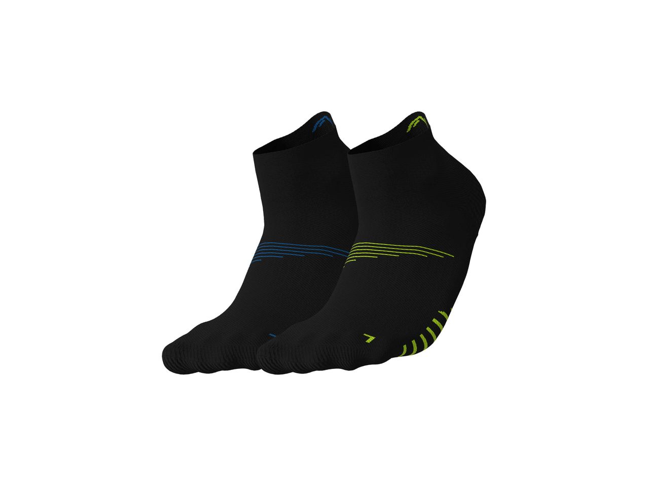 Two black athletic socks, one with blue stripes and one with green stripes.