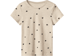 Light beige short-sleeve t-shirt with an all-over black heart pattern.
