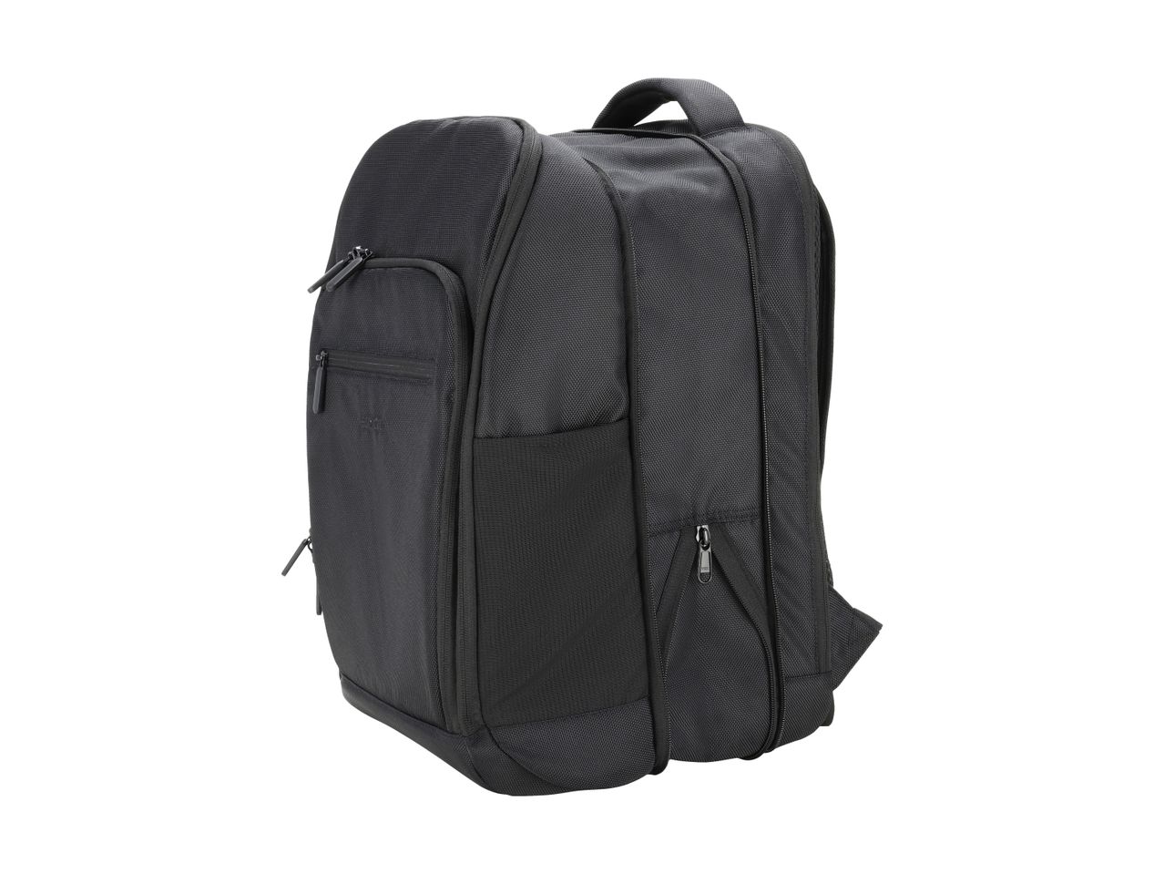 Black backpack with multiple zippered compartments and a top handle.