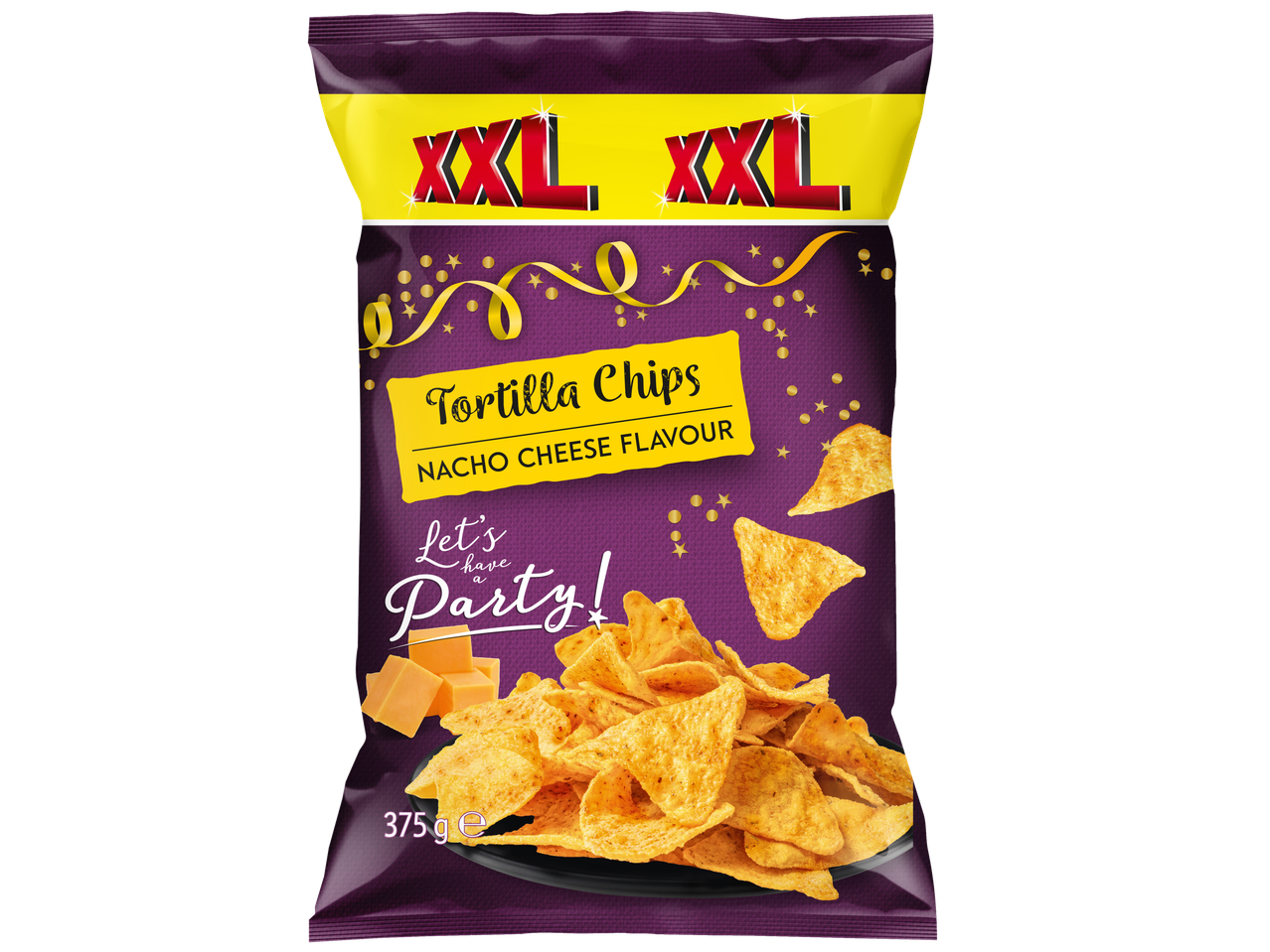 XXL tortillachips, nacho kaas smaak, party zak.