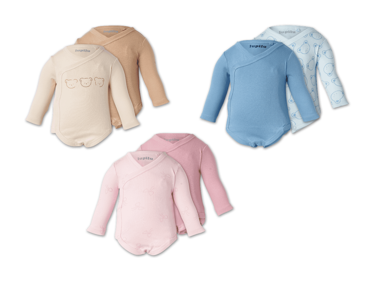 Drei Sets Baby-Bodys in Beige, Blau und Rosa, jeweils einfarbig und mit Muster.