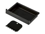Black plastic paint tray with a paint scraper.