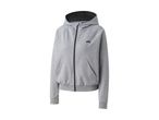 Gray zip-up hoodie with a black logo on the chest