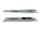Two reciprocating saw blades: one for wood (medium, HCS) and one for metal (fine, BIM).