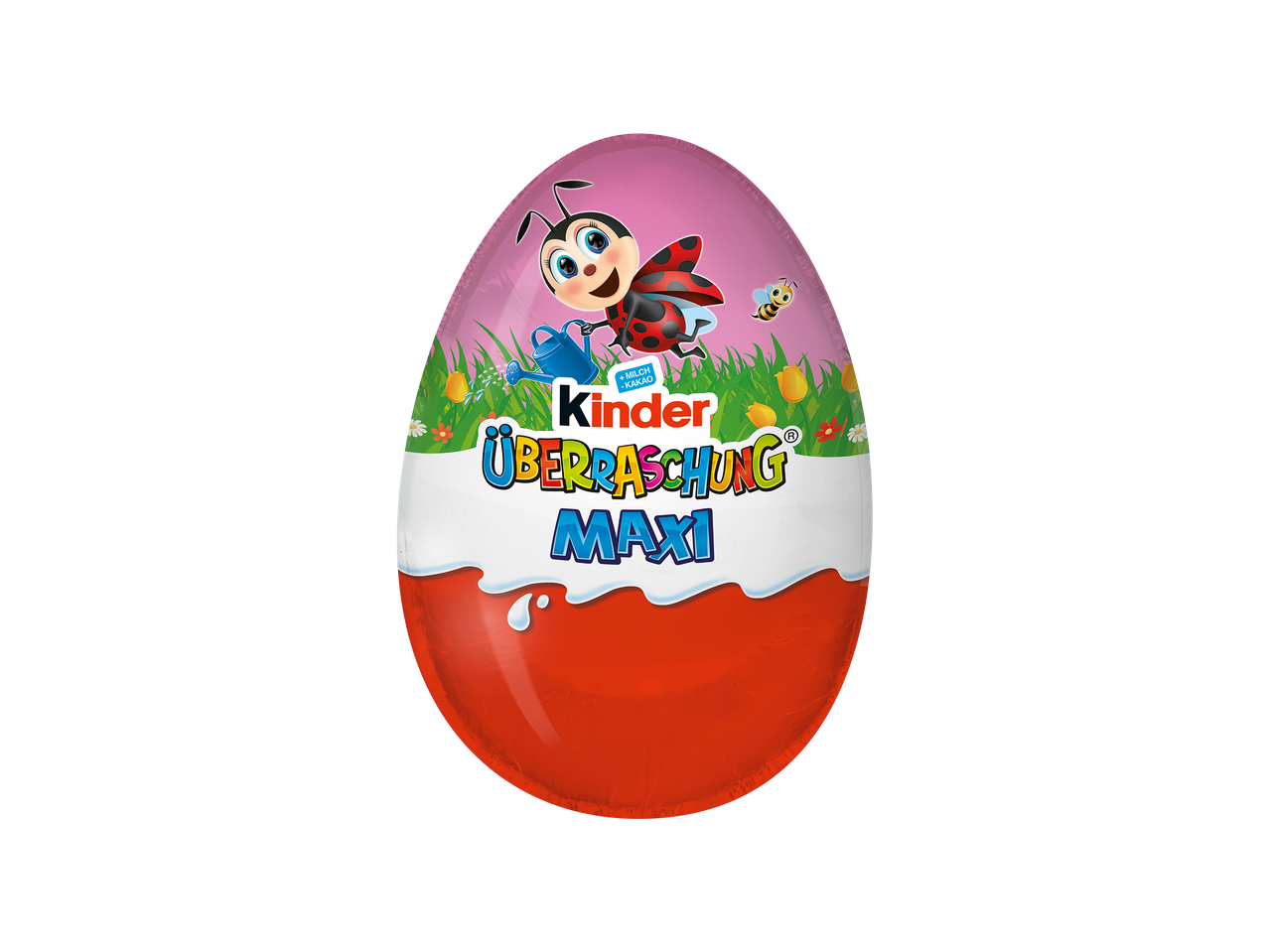 Pääsiäismuna, jossa on leppäkerttu ja mehiläinen niityllä, teksti 'Überraschung Maxi'.
