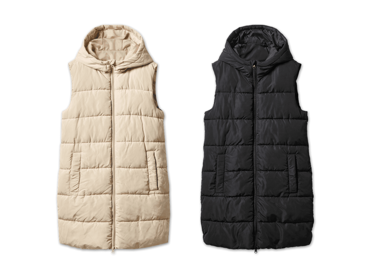 Zwei lange, gepolsterte Westen mit Kapuze, eine beige und eine schwarze.