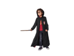 Young boy in a Harry Potter Gryffindor robe, holding a wand.