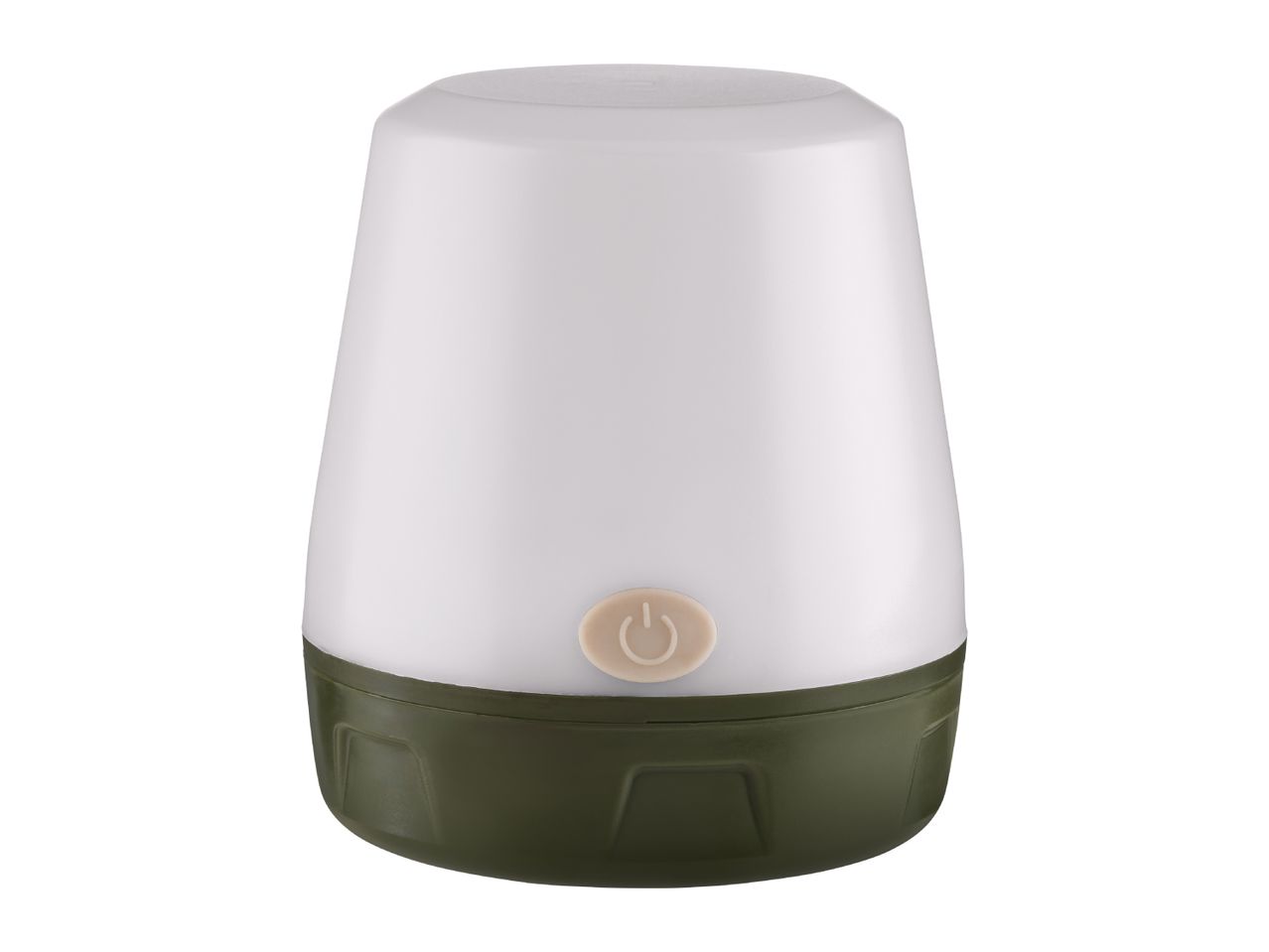 Portable camping lantern with a white top and a dark green base, featuring a power button.