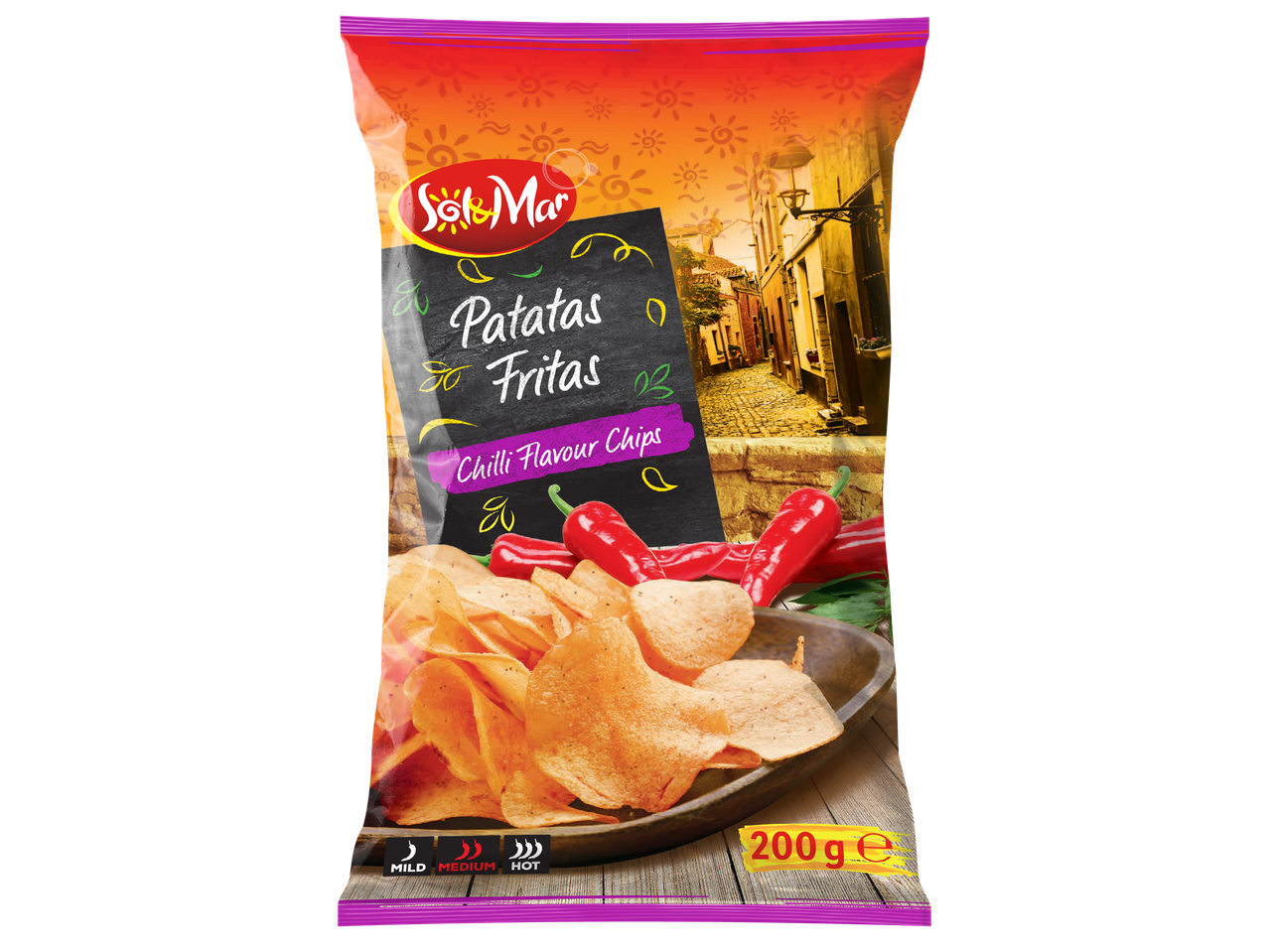 Пакет чипс с вкус на чили, с надпис „Patatas Fritas“ и „Chilli Flavour Chips“.