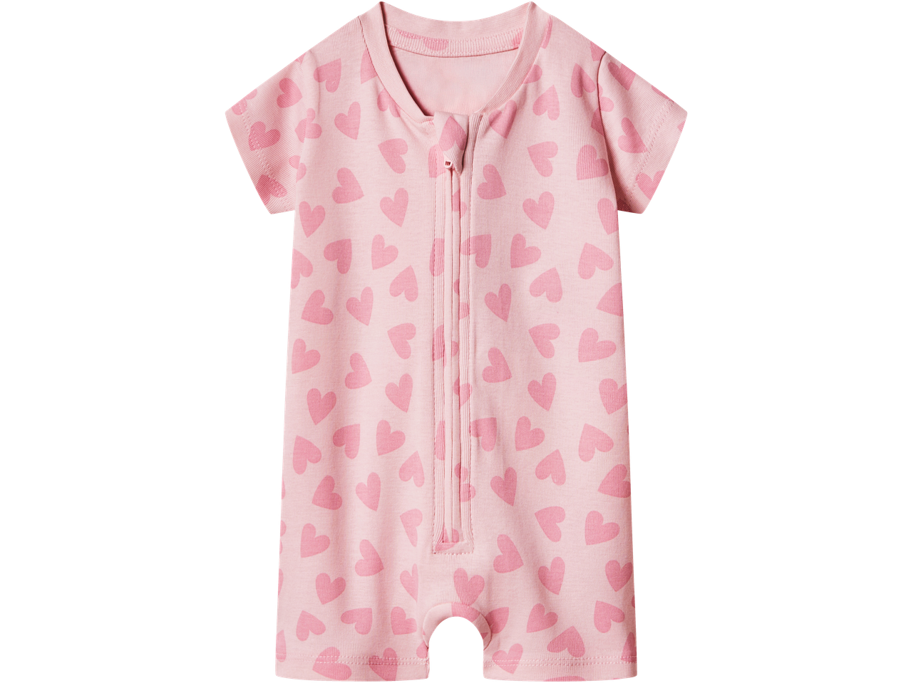 Rozā zīdaiņu kombinezons ar sirsniņām, īsām piedurknēm un rāvējslēdzēju priekšpusē.