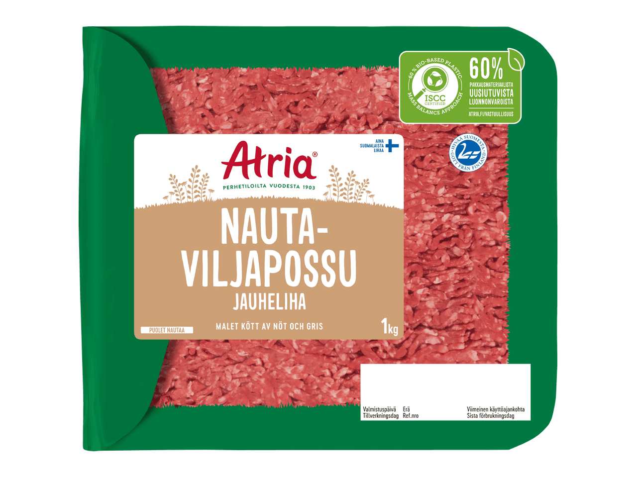 Atria nauta-viljapossu jauheliha (1kg) pakkaus.