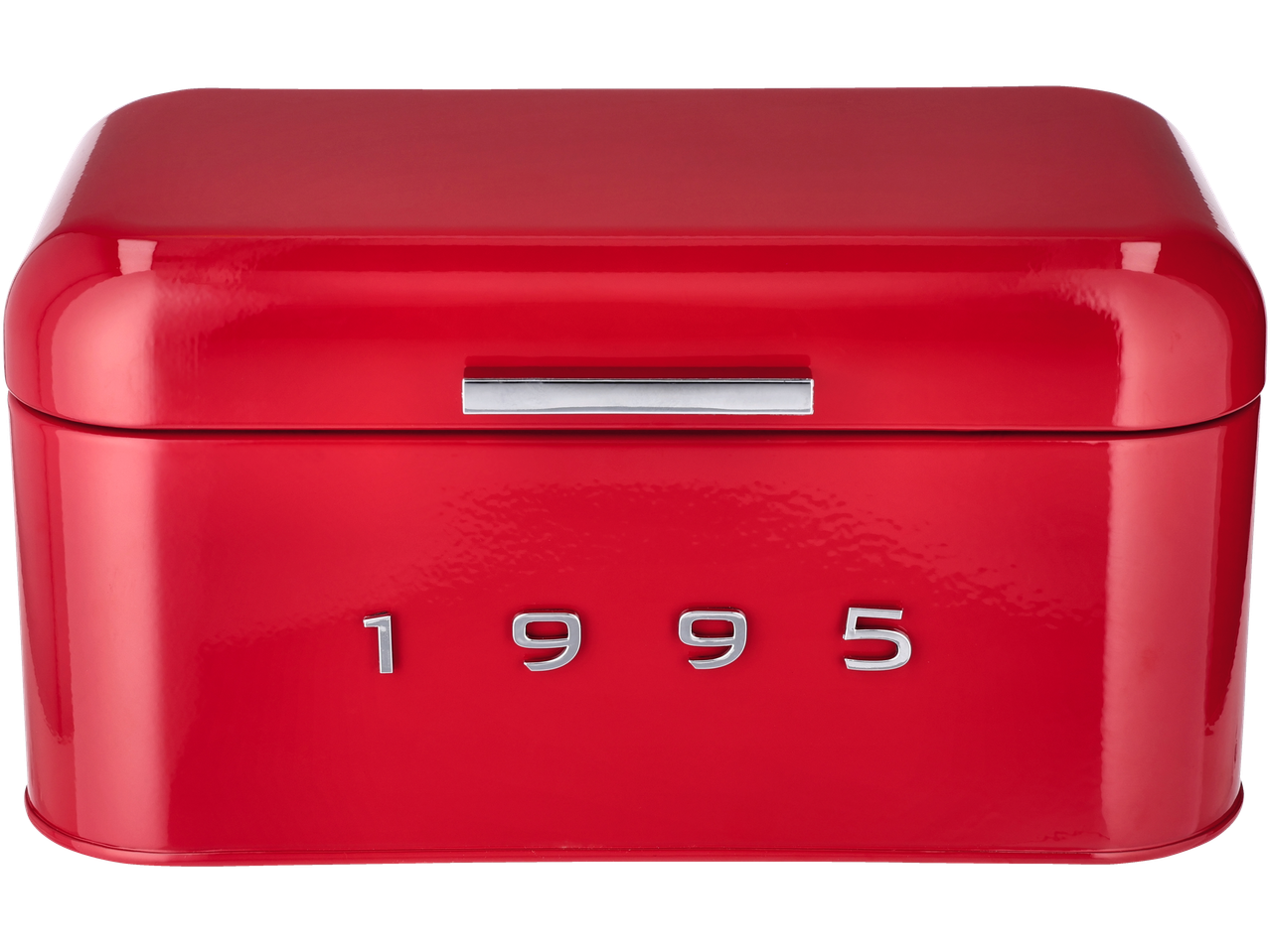 Red SILVERCREST® bread bin with a chrome handle and '1995' embossed.