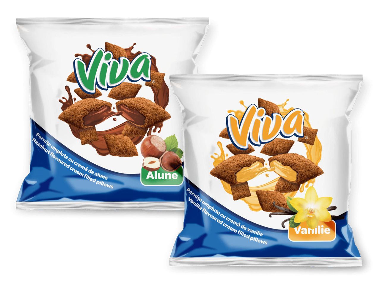 Două pungi de cereale Viva, cu aromă de alune și vanilie.