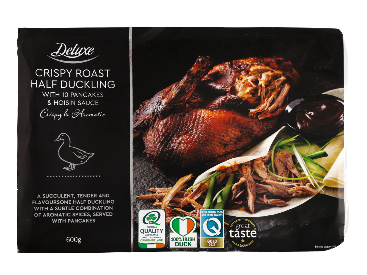 Deluxe crispy roast half duckling with pancakes and hoisin sauce.