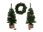 Two artificial Christmas trees in wooden pots and a matching wreath.