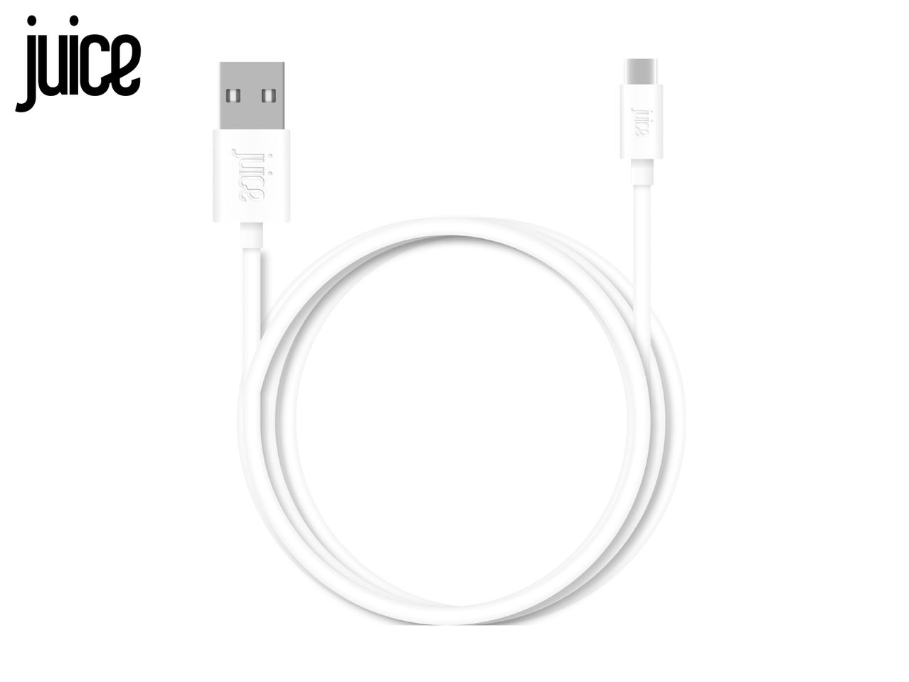 Juice branded white USB-A to USB-C charging cable, coiled in the center.