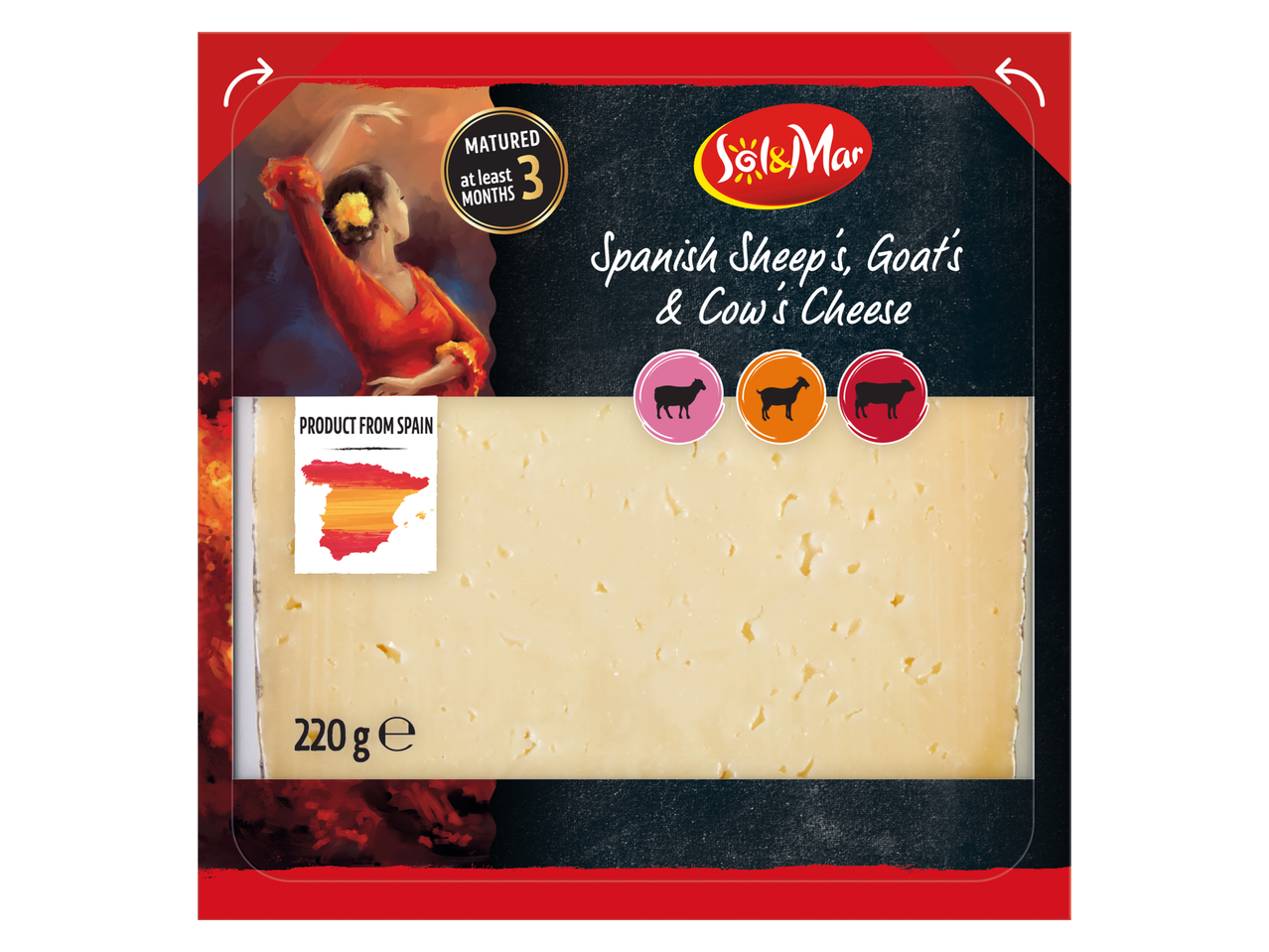 Sol & Mar Gerijpte kaas: Spaanse schapen-, geiten- en koeienkaas, minstens 3 maanden gerijpt, 220g.