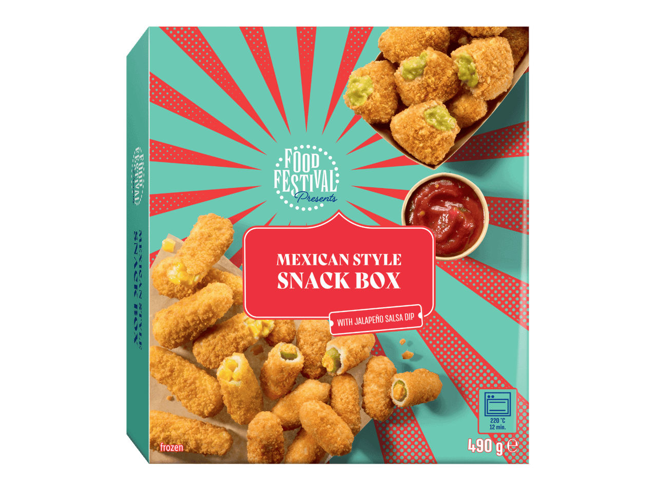 Meksikolaistyylinen snack-laatikko, jossa on erilaisia paneroituja snackseja ja jalapeño-salsadippi.