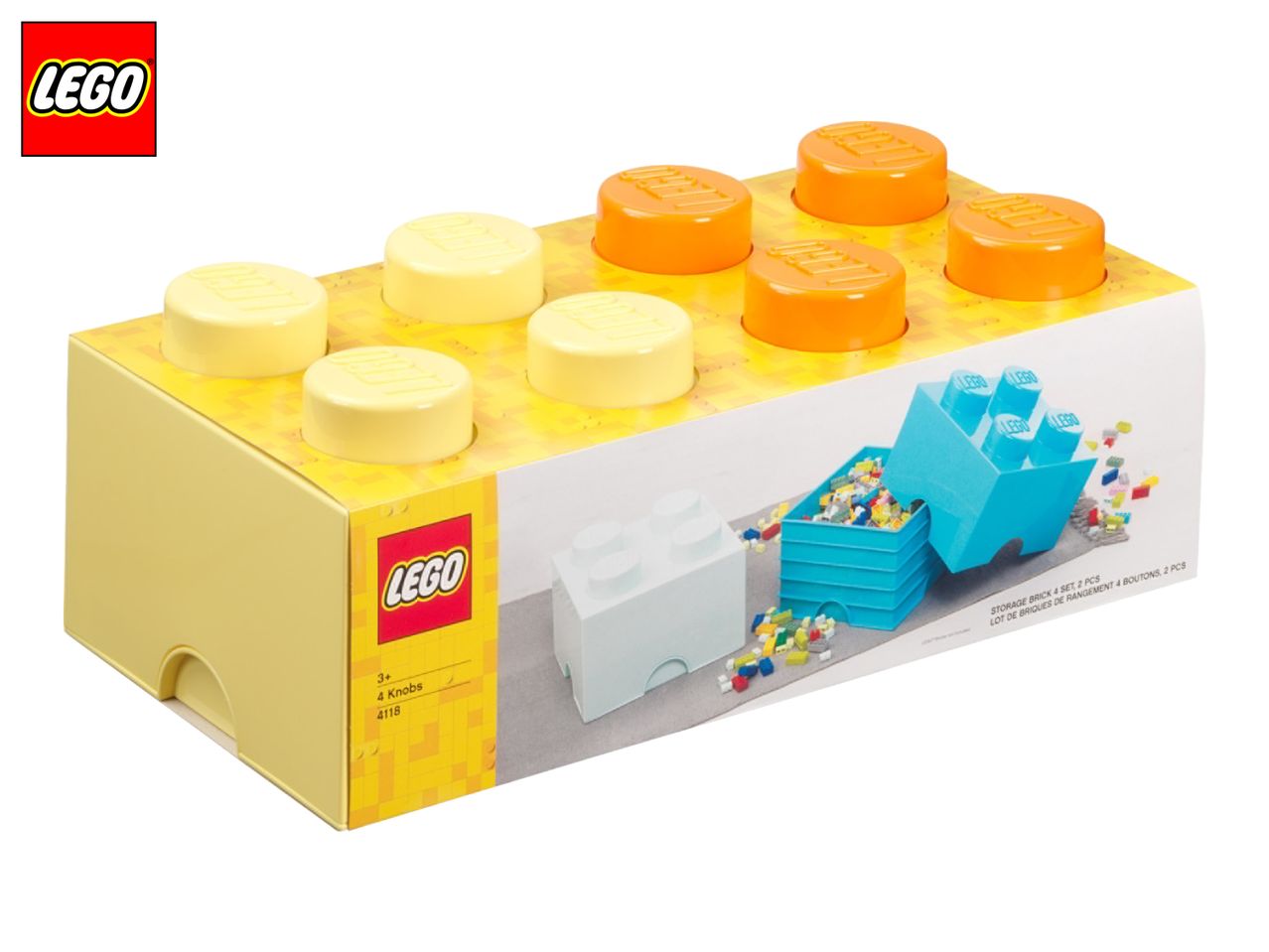 Yellow and orange storage bricks with a display of smaller bricks and storage containers.