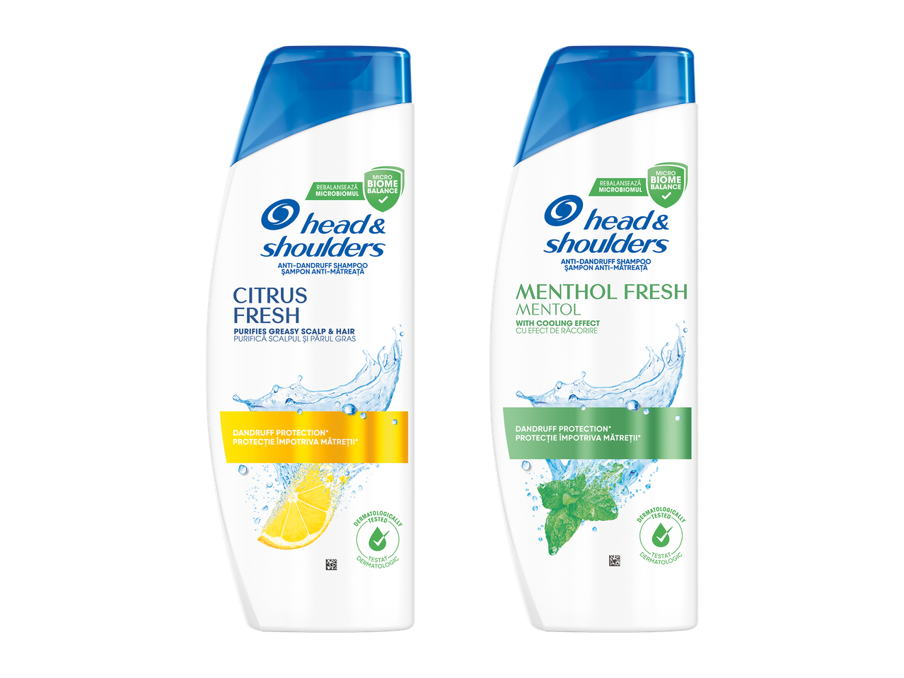Două șampoane anti-mătreață, unul cu citrice pentru scalp gras și unul cu mentol pentru efect răcoritor.