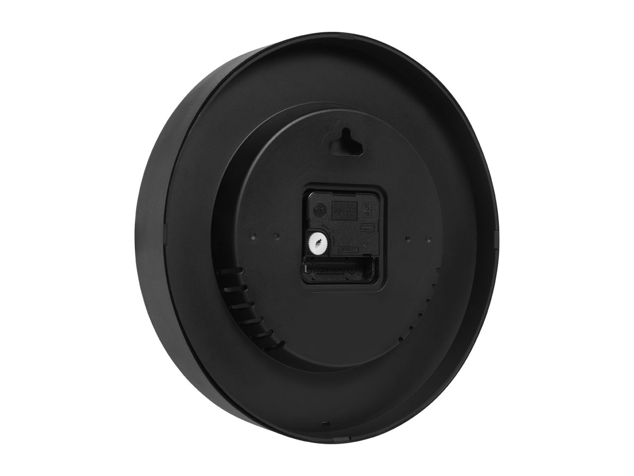 Rear view of a black wall clock with the battery compartment visible.