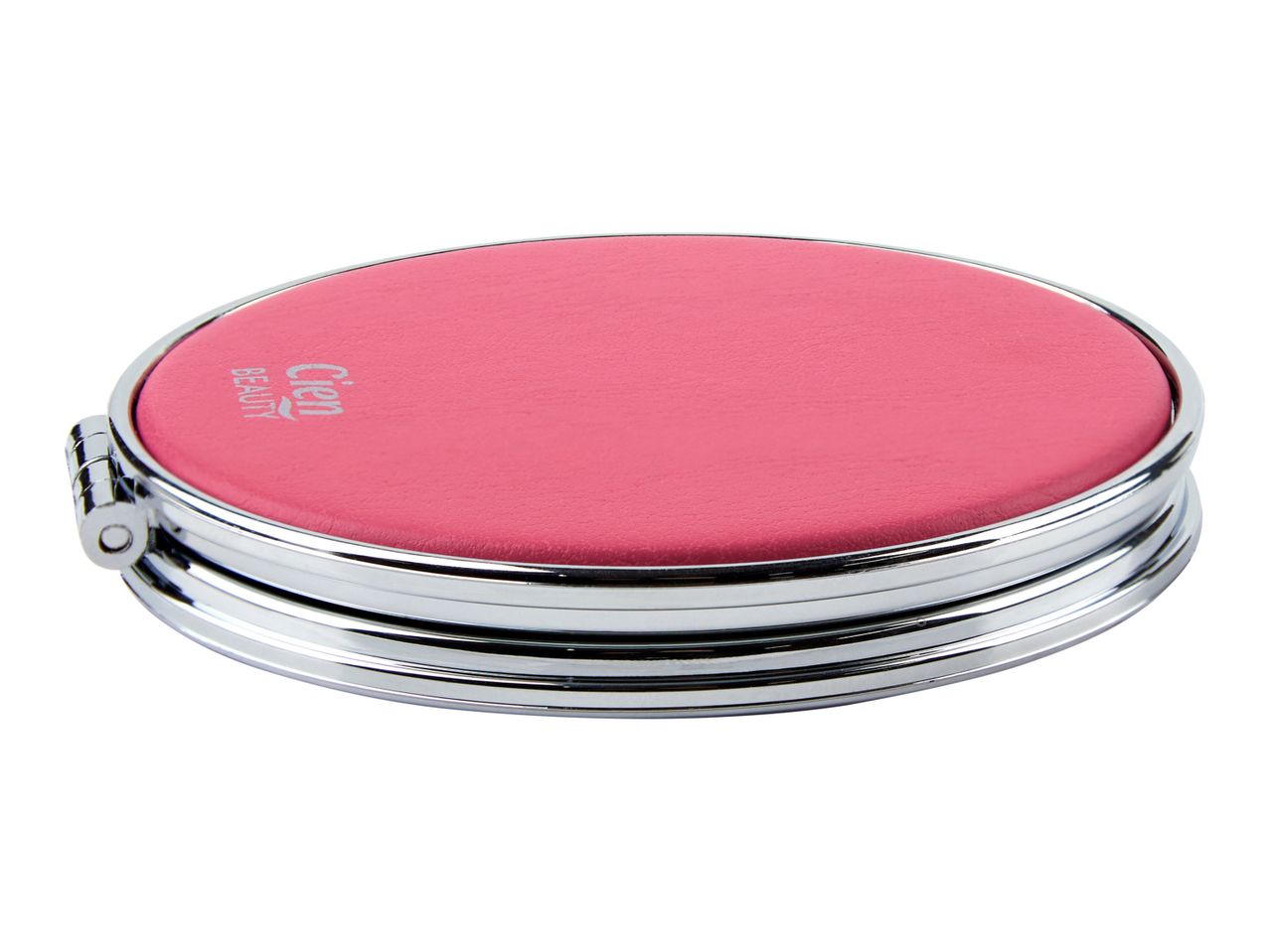 A pink compact mirror with a silver rim.